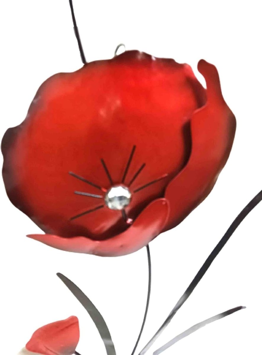 Red Poppy Metal Wall Art Flower Stem Garden Decor - Kwikley
