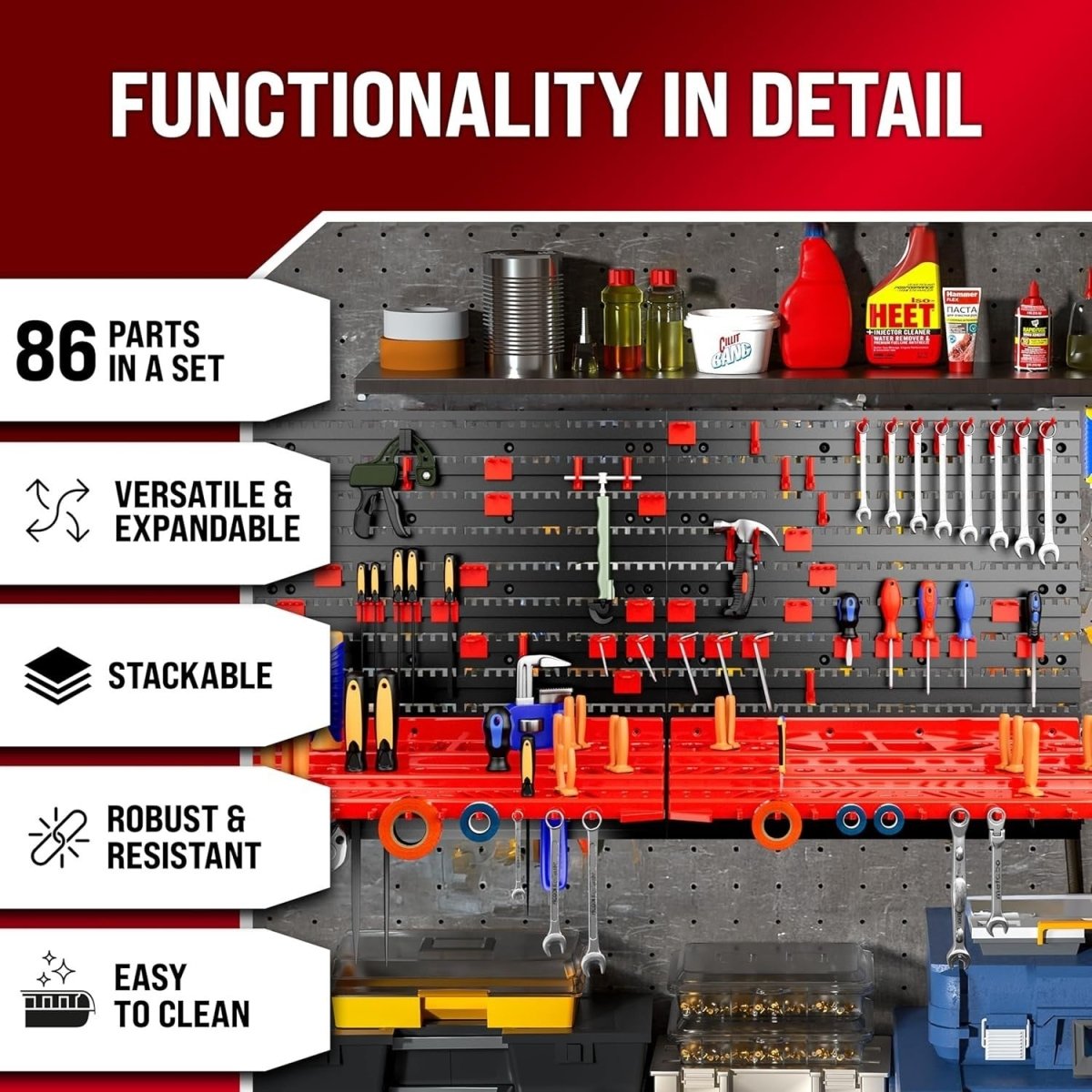 Red PP Wall Shelf 56 Stacking Boxes Garage Tool Organizer Workshop Rack - Kwikley