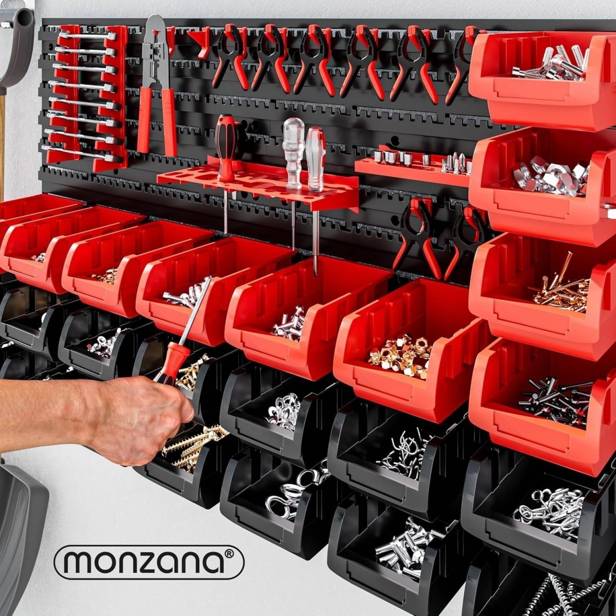 Red PP Wall Shelf 56 Stacking Boxes Garage Tool Organizer Workshop Rack - Kwikley