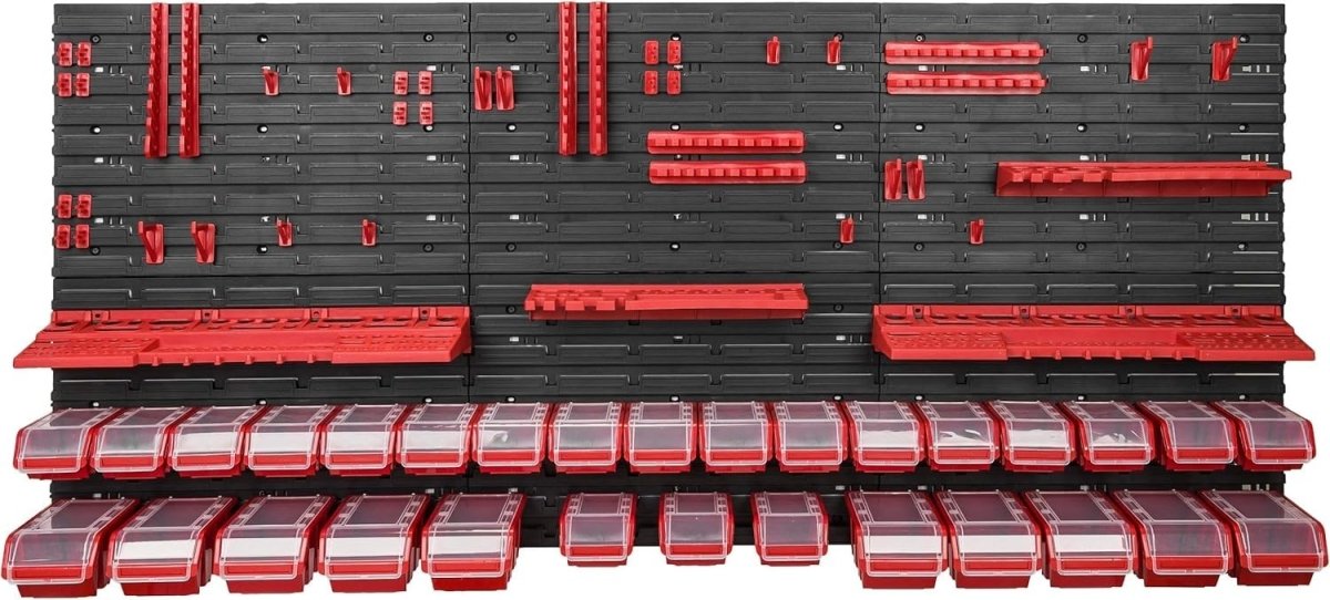 Red Workshop Wall Shelf w/ 30 Tool Storage Boxes 178x78cm Adjustable - Kwikley