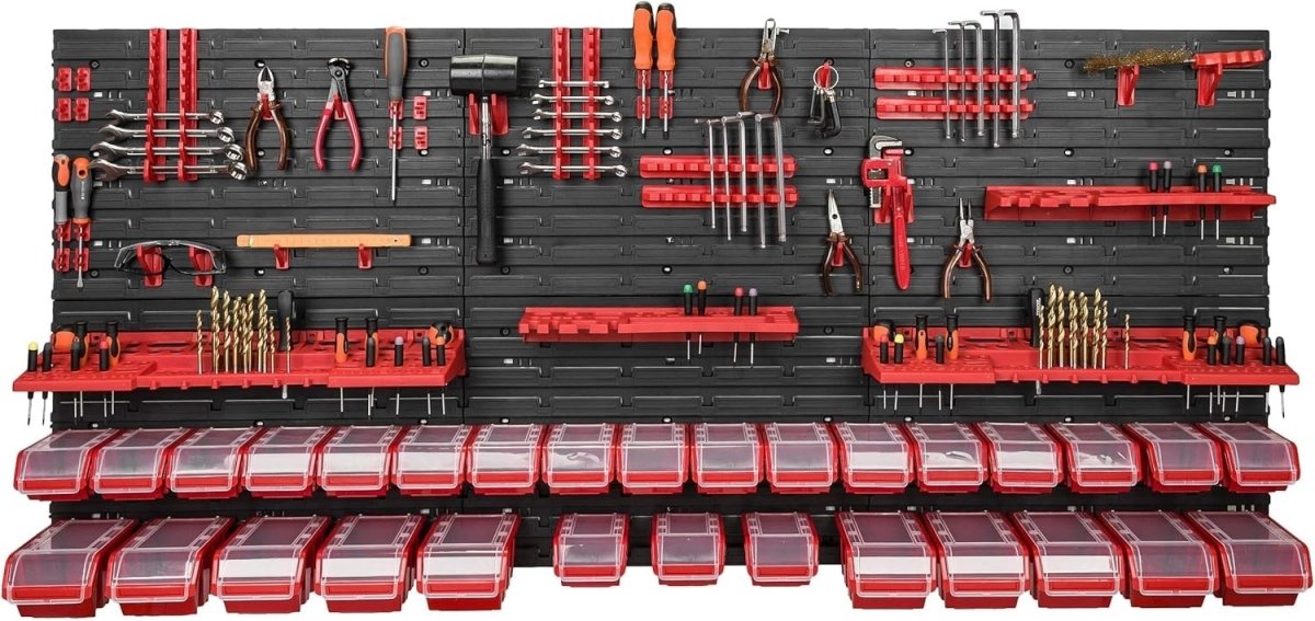 Red Workshop Wall Shelf w/ 30 Tool Storage Boxes 178x78cm Adjustable - Kwikley