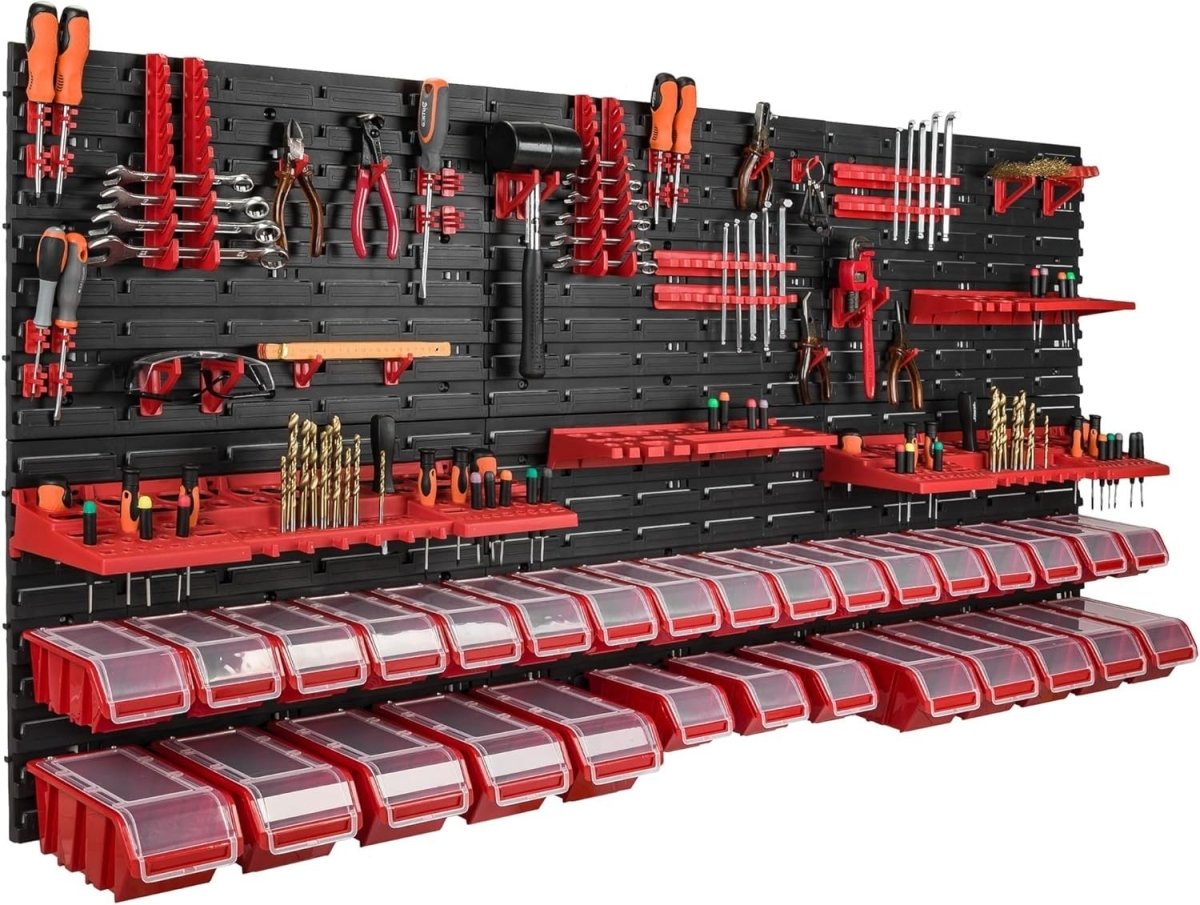 Red Workshop Wall Shelf w/ 30 Tool Storage Boxes 178x78cm Adjustable - Kwikley