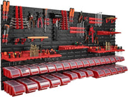 Red Workshop Wall Shelf w/ 30 Tool Storage Boxes 178x78cm Adjustable - Kwikley