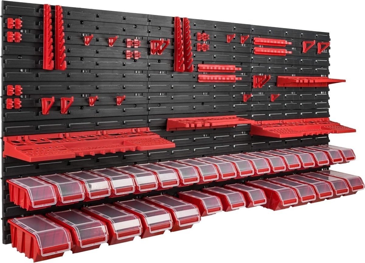 Red Workshop Wall Shelf w/ 30 Tool Storage Boxes 178x78cm Adjustable - Kwikley