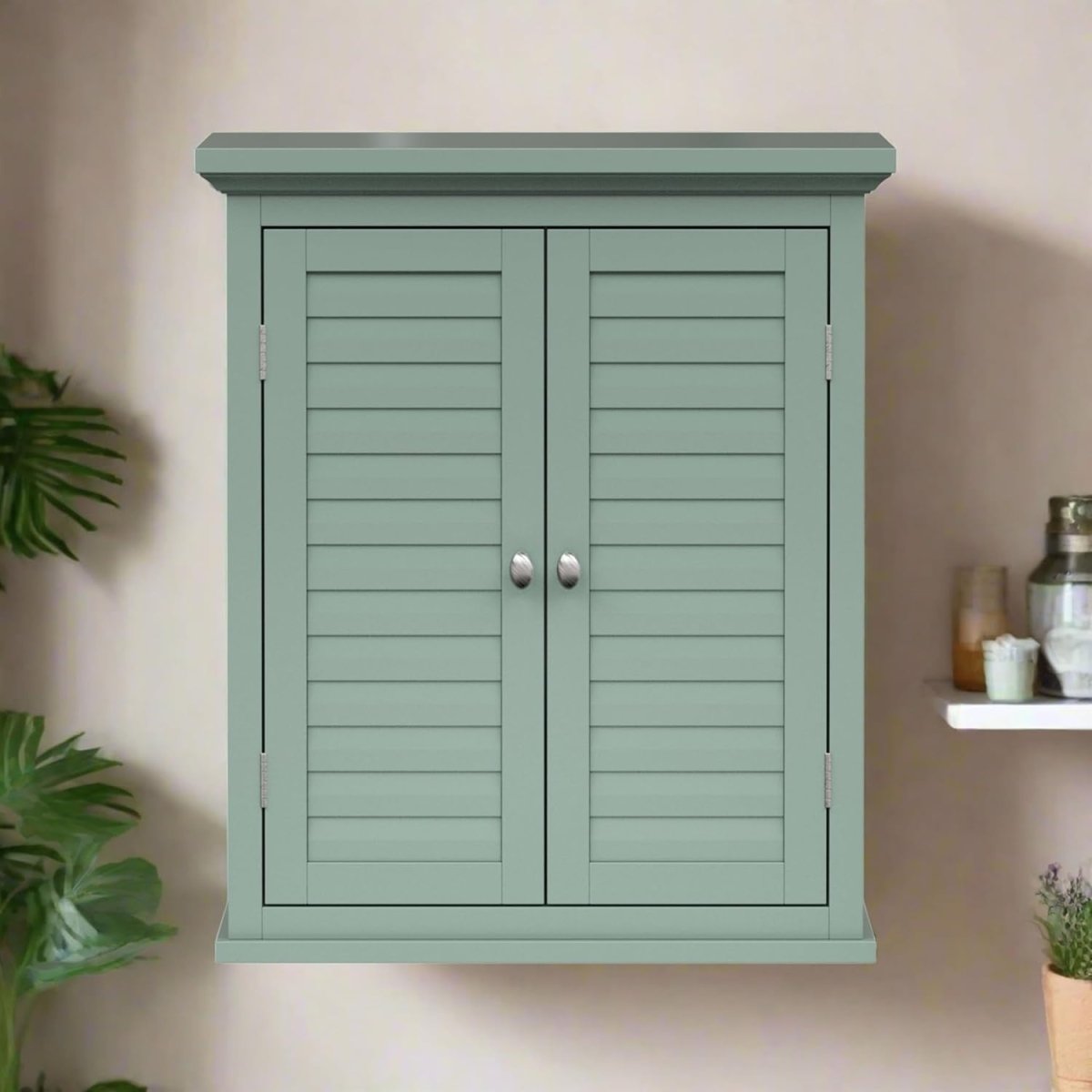 Removable Two - Door Wall Cabinet with Adjustable Shelf, Sage Green - Kwikley