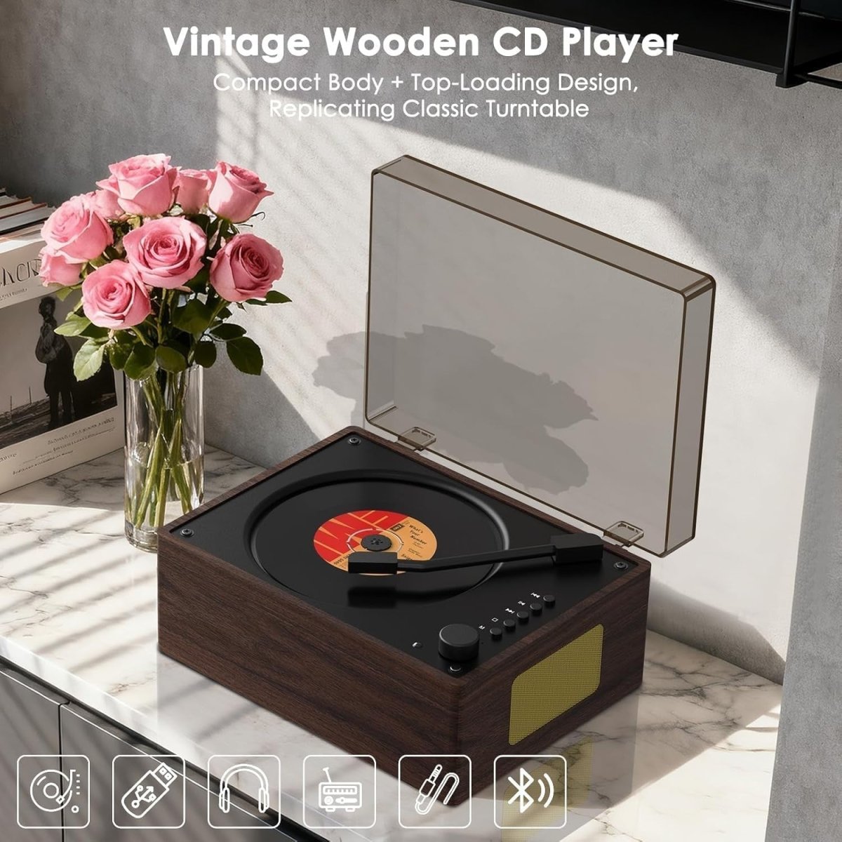 Retro Bluetooth CD Player Portable HiFi Speakers Rechargeable USB AUX - Kwikley