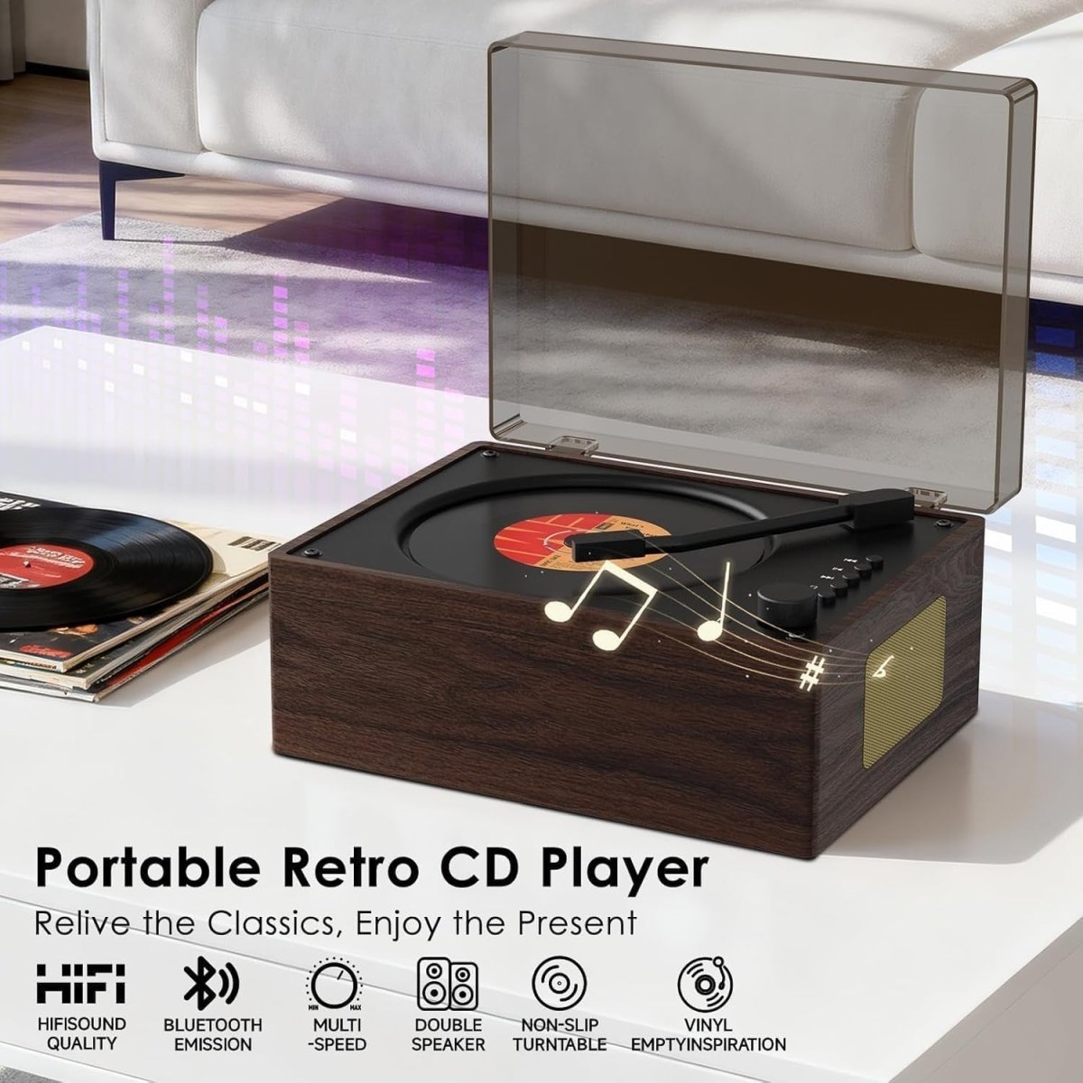 Retro Bluetooth CD Player Portable HiFi Speakers Rechargeable USB AUX - Kwikley