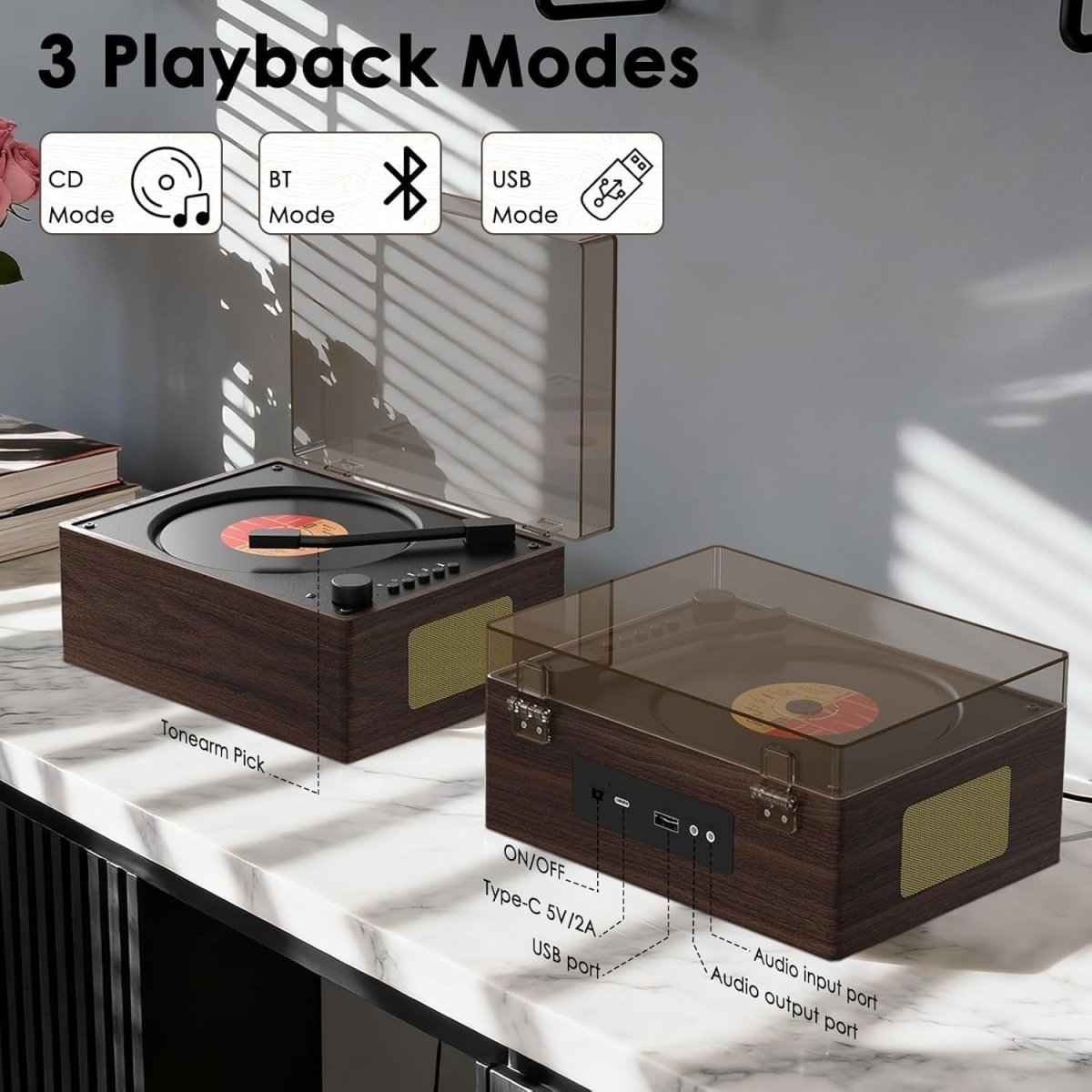 Retro Bluetooth CD Player Portable HiFi Speakers Rechargeable USB AUX - Kwikley