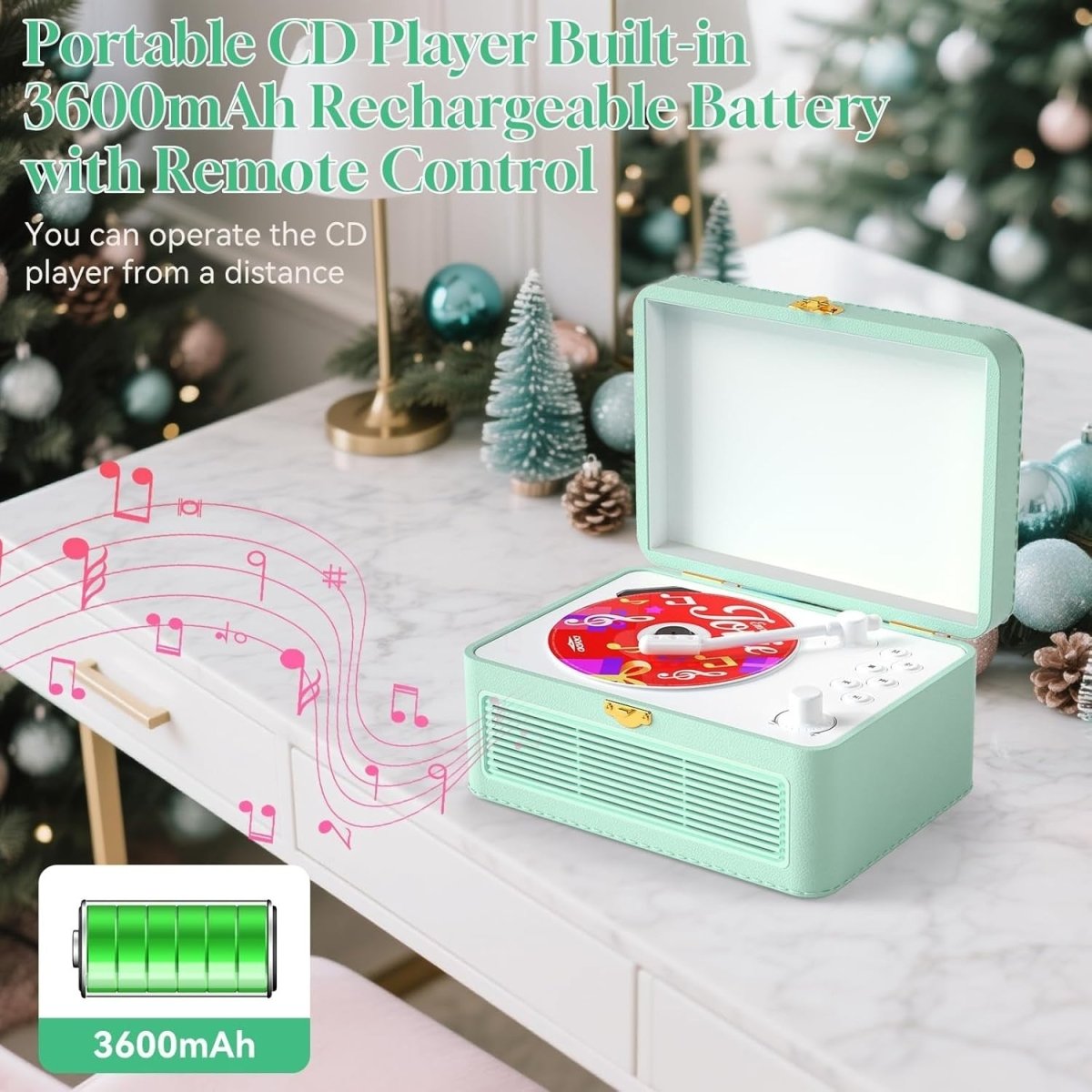 Retro Bluetooth CD Player Suitcase Rechargeable Speakers USB AUX Remote - Kwikley
