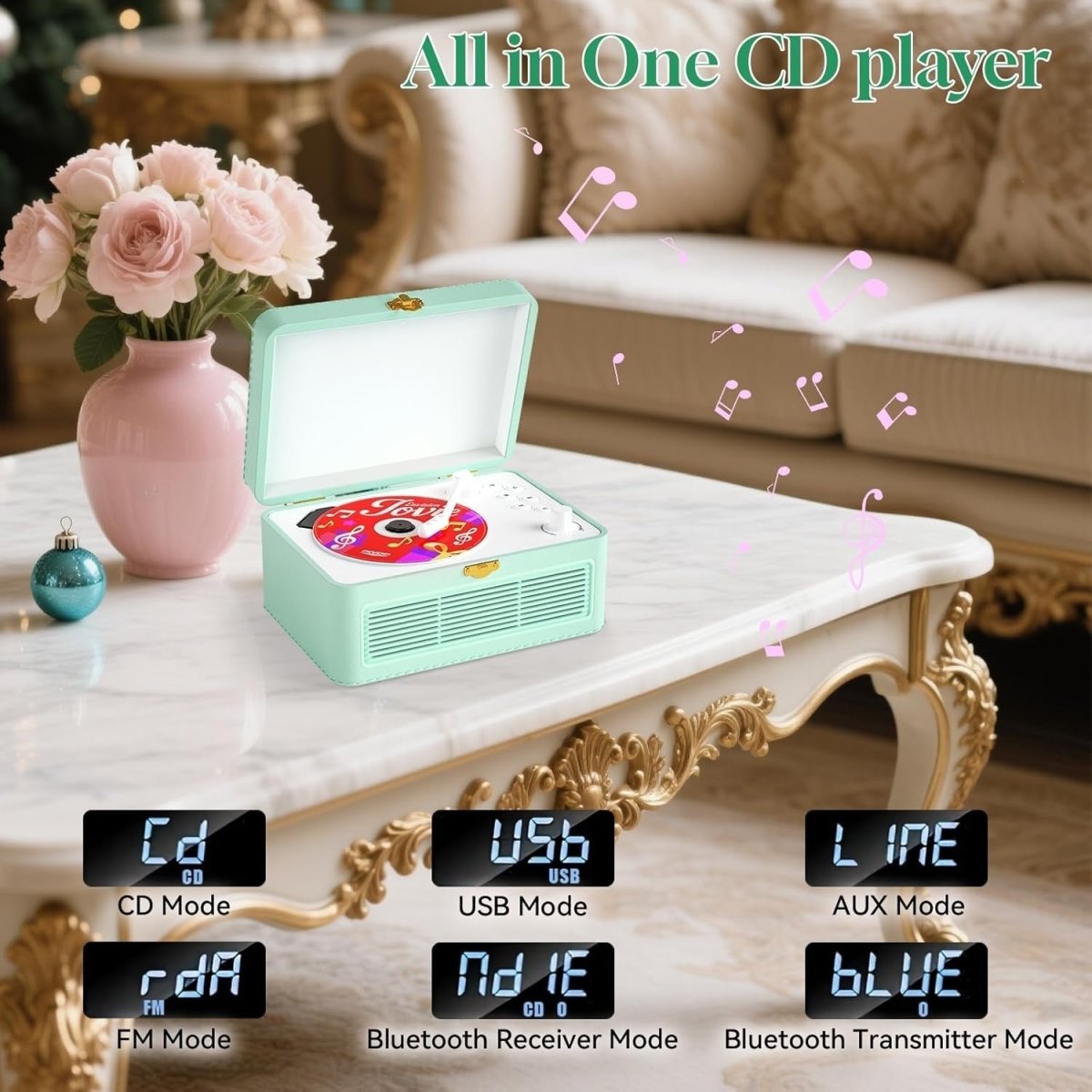 Retro Bluetooth CD Player Suitcase Rechargeable Speakers USB AUX Remote - Kwikley