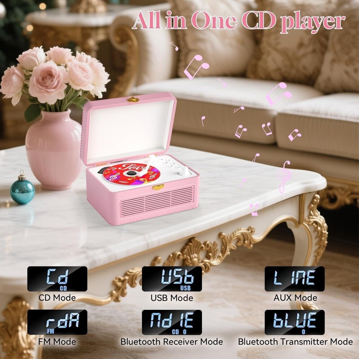 Retro Bluetooth CD Player Suitcase Rechargeable Stereo Speakers USB AUX - Kwikley