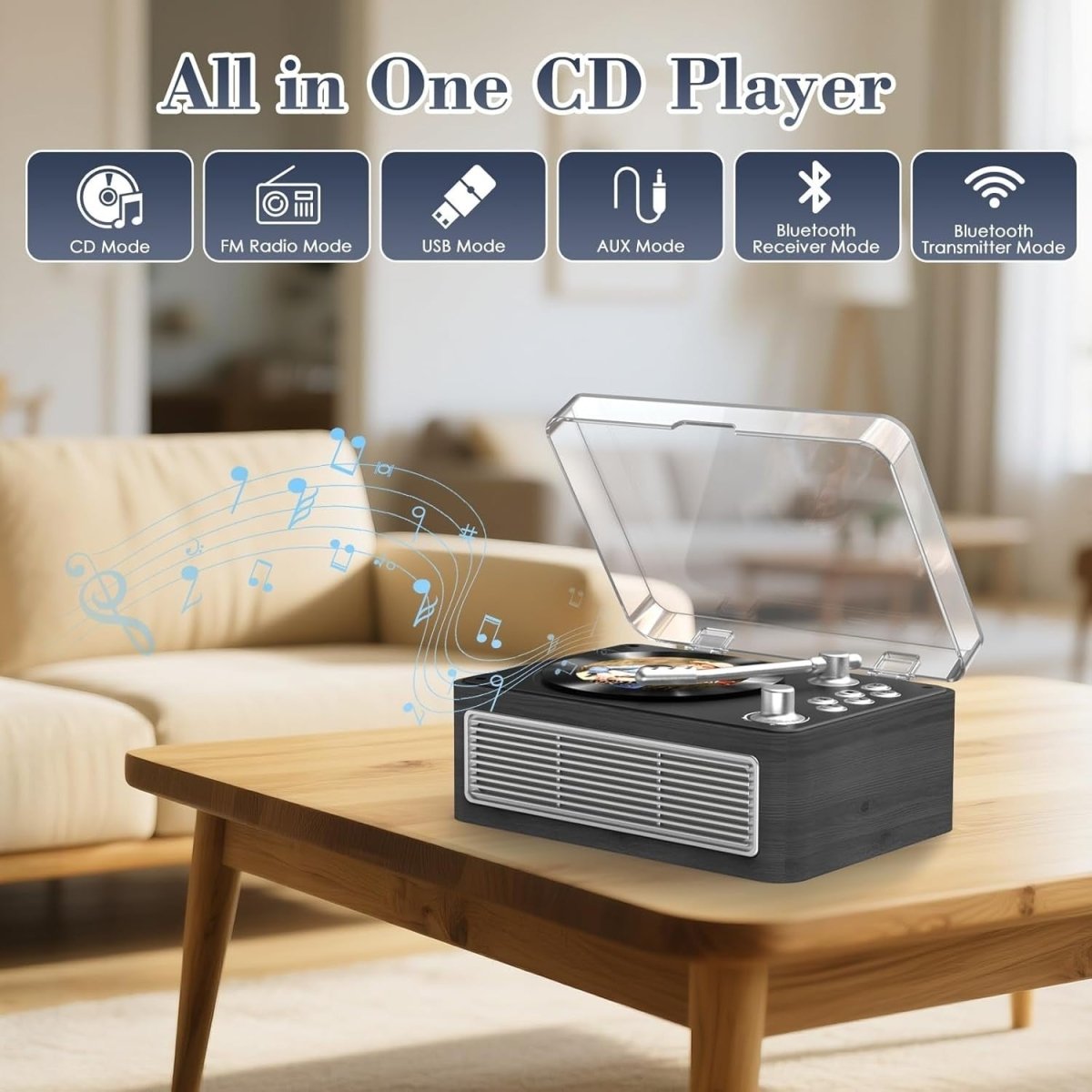 Retro Bluetooth CD Player Wood Rechargeable Speakers FM Radio USB AUX - Kwikley