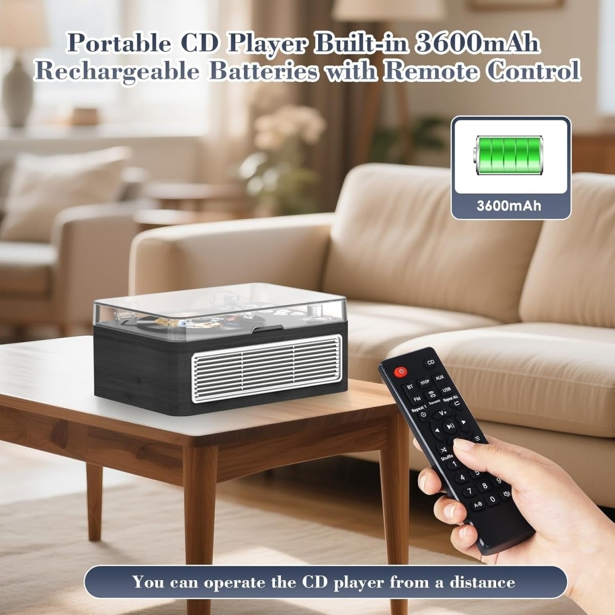 Retro Bluetooth CD Player Wood Rechargeable Speakers FM Radio USB AUX - Kwikley