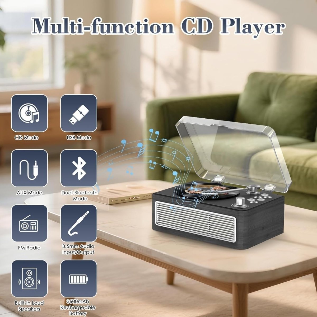 Retro Bluetooth CD Player Wood Rechargeable Speakers FM Radio USB AUX - Kwikley