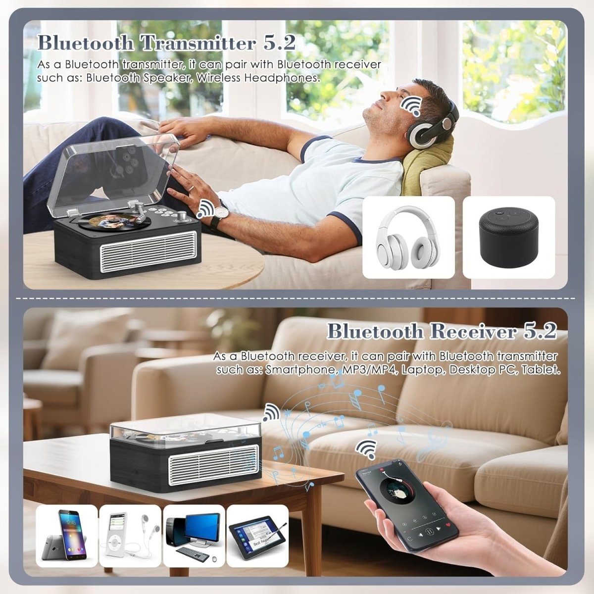 Retro Bluetooth CD Player Wood Rechargeable Speakers FM Radio USB AUX - Kwikley