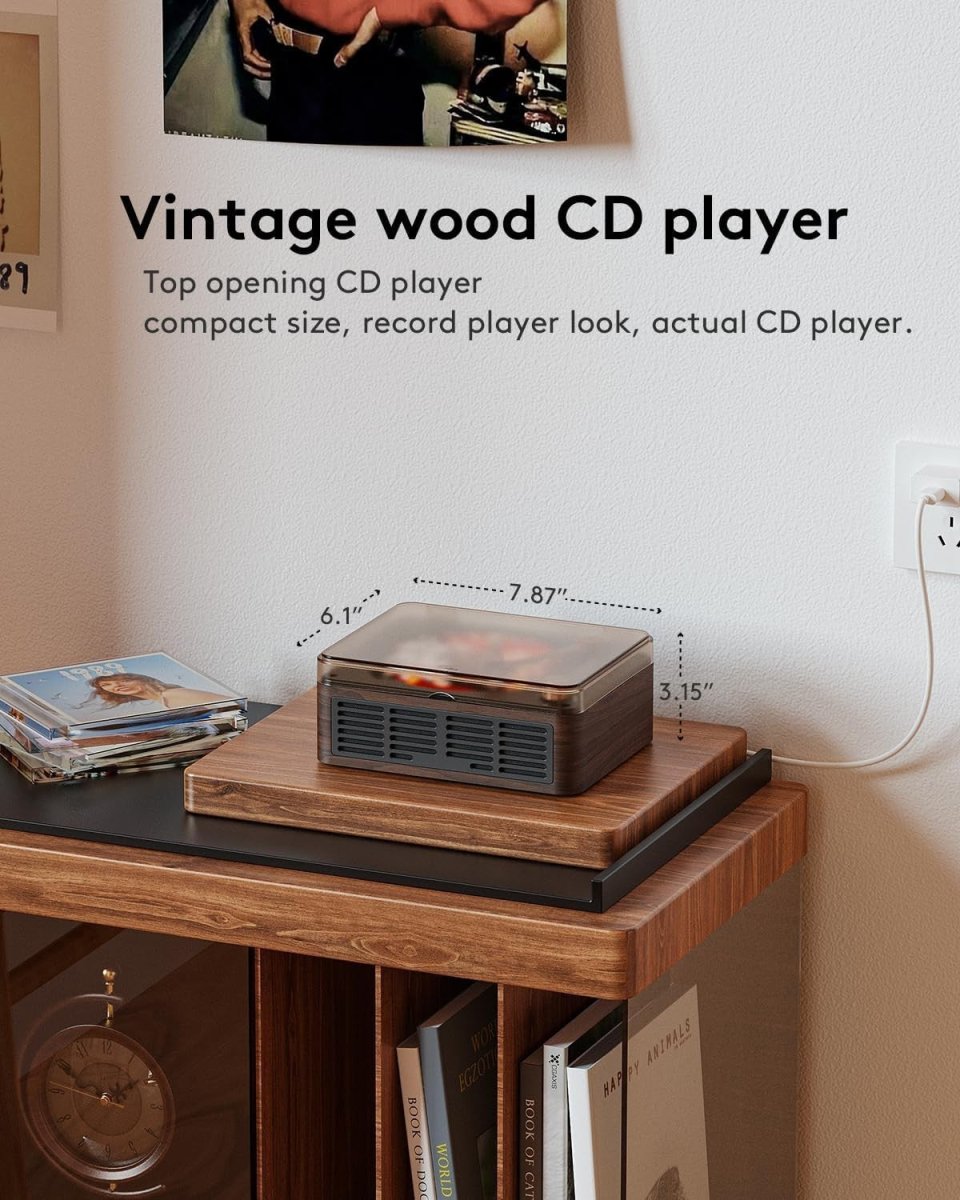 Retro Bluetooth CD Player Wood Speakers FM Radio Remote AUX USB - Kwikley