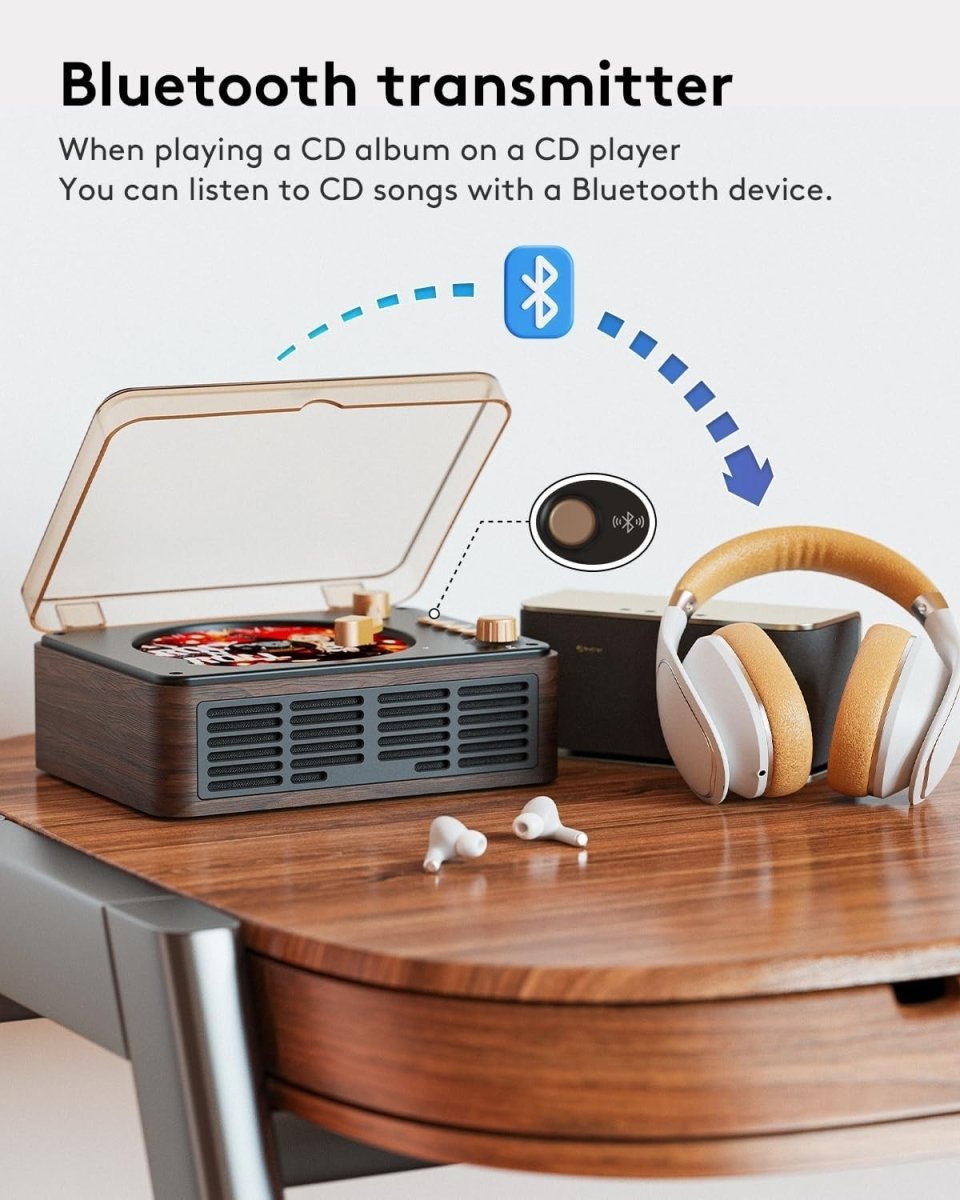 Retro Bluetooth CD Player Wood Speakers FM Radio Remote AUX USB - Kwikley