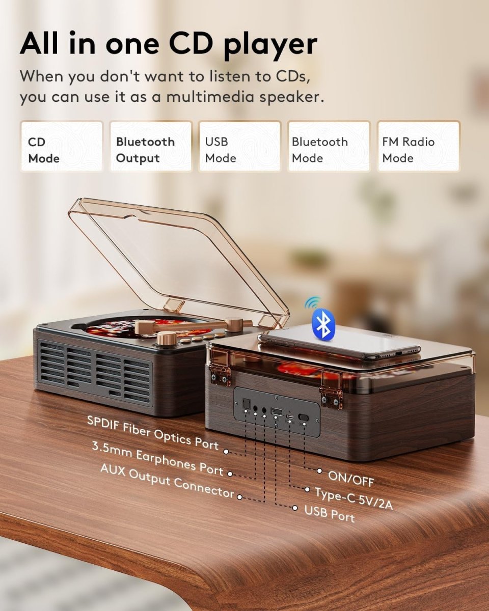 Retro Bluetooth CD Player Wood Speakers FM Radio Remote AUX USB - Kwikley