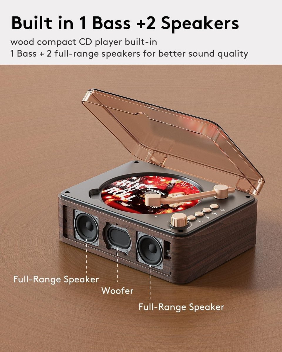 Retro Bluetooth CD Player Wood Speakers FM Radio Remote AUX USB - Kwikley