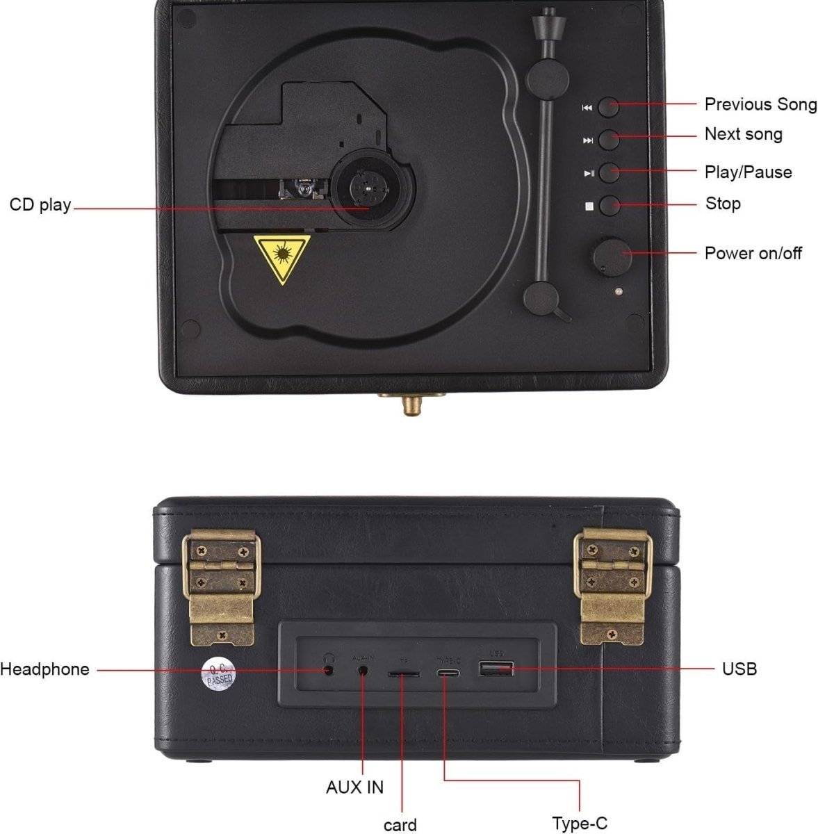Retro Portable CD Player Bluetooth Dual Speakers Rechargeable Black - Kwikley