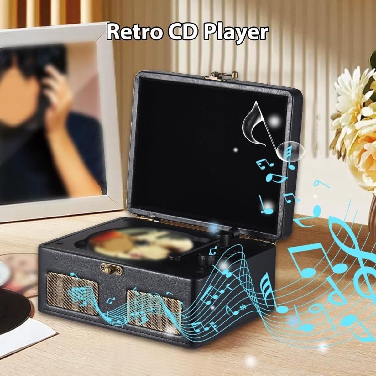 Retro Portable CD Player Bluetooth Dual Speakers Rechargeable Black - Kwikley