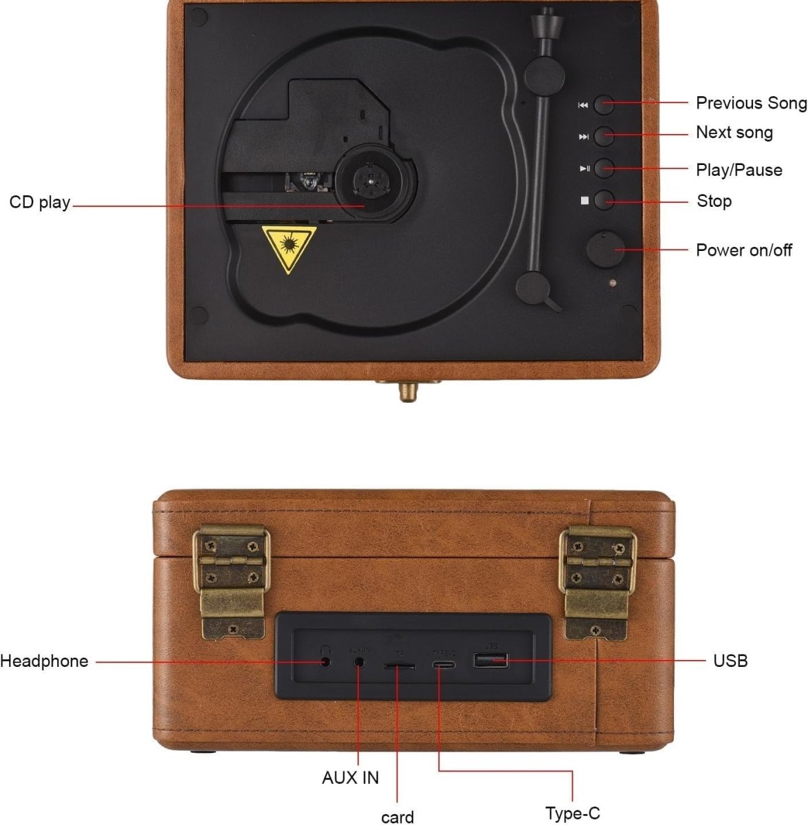 Retro Portable CD Player Bluetooth Dual Speakers Rechargeable Brown - Kwikley