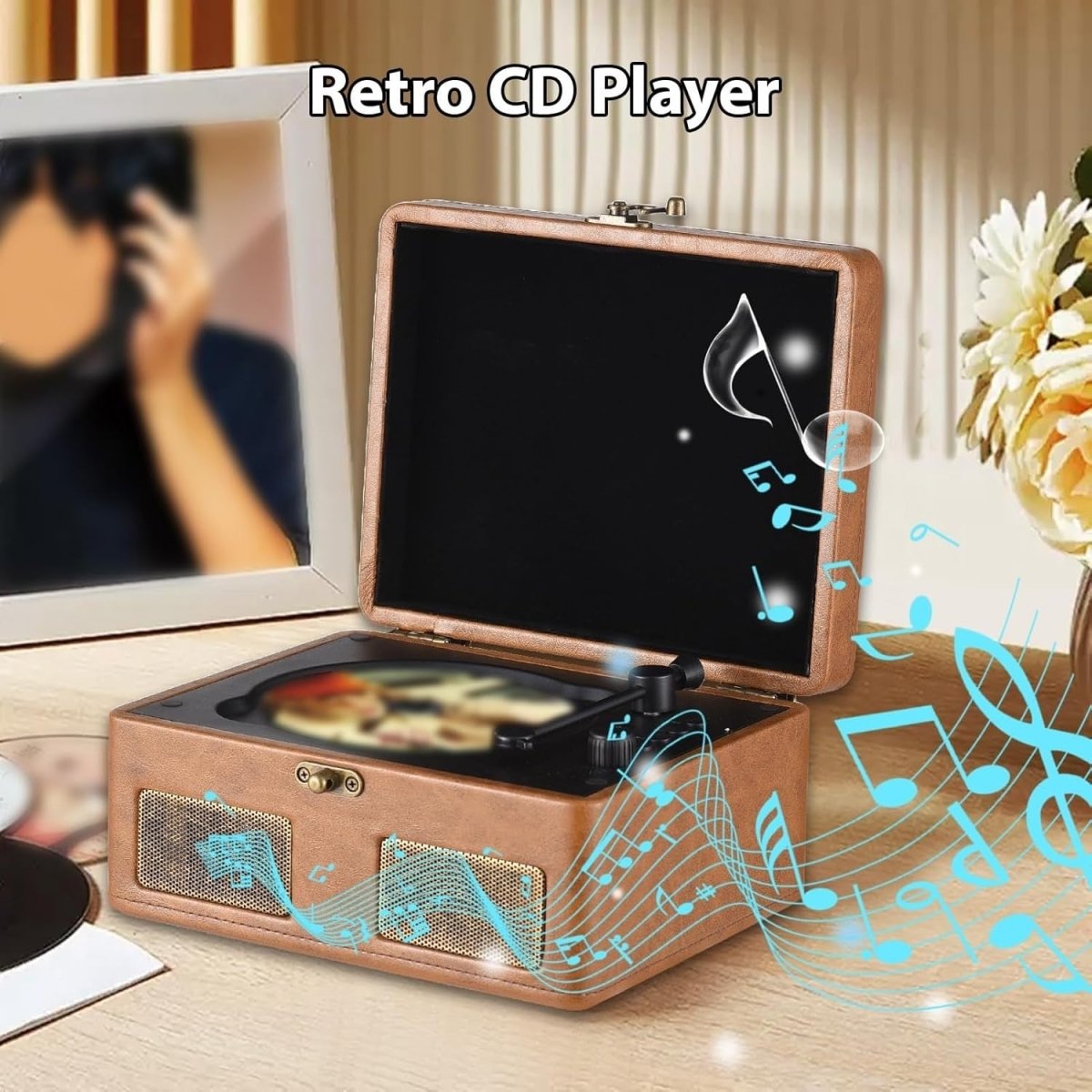 Retro Portable CD Player Bluetooth Dual Speakers Rechargeable Brown - Kwikley