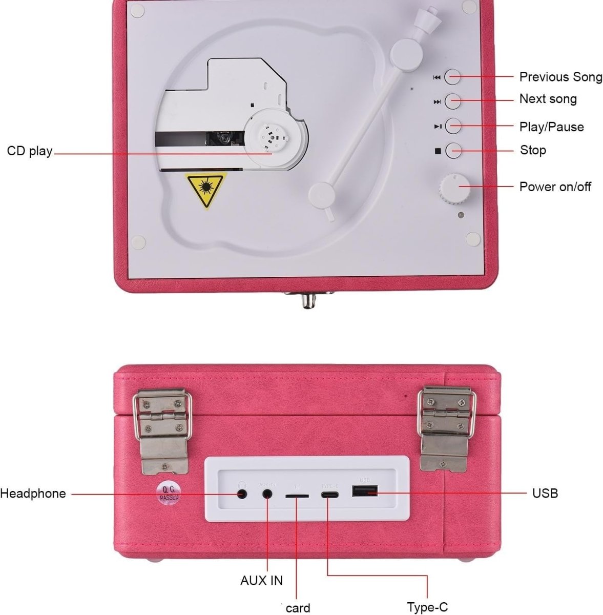 Retro Portable CD Player Bluetooth Dual Speakers Rechargeable Pink - Kwikley