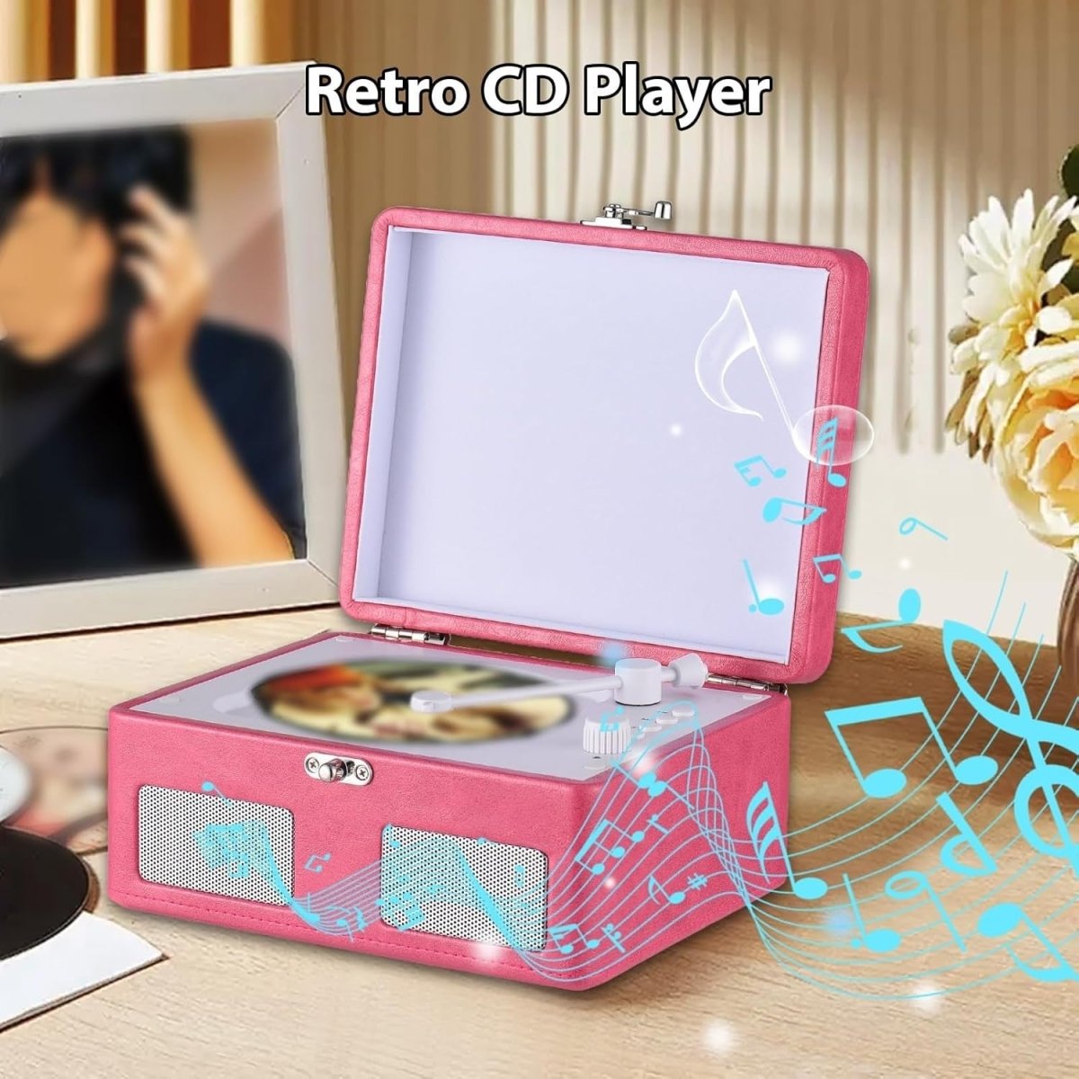 Retro Portable CD Player Bluetooth Dual Speakers Rechargeable Pink - Kwikley