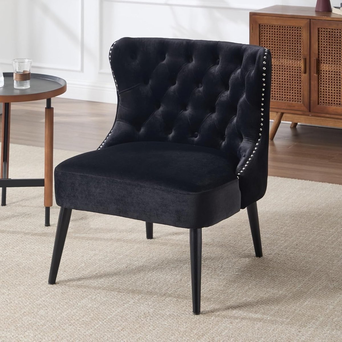 Retro Wingback Accent Chair Black Velvet High Back Armchair - Kwikley