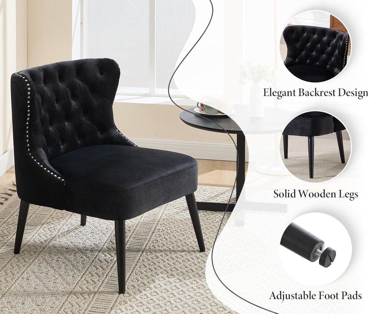 Retro Wingback Accent Chair Black Velvet High Back Armchair - Kwikley