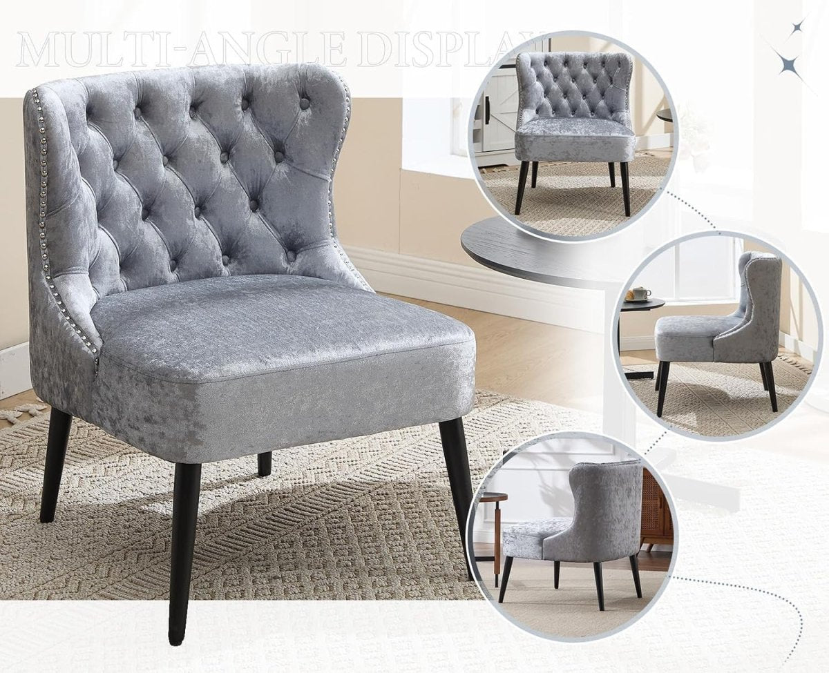 Retro Wingback Accent Chair Grey Tufted High Back Armchair - Kwikley
