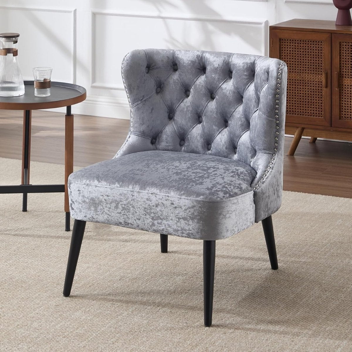 Retro Wingback Accent Chair Grey Tufted High Back Armchair - Kwikley