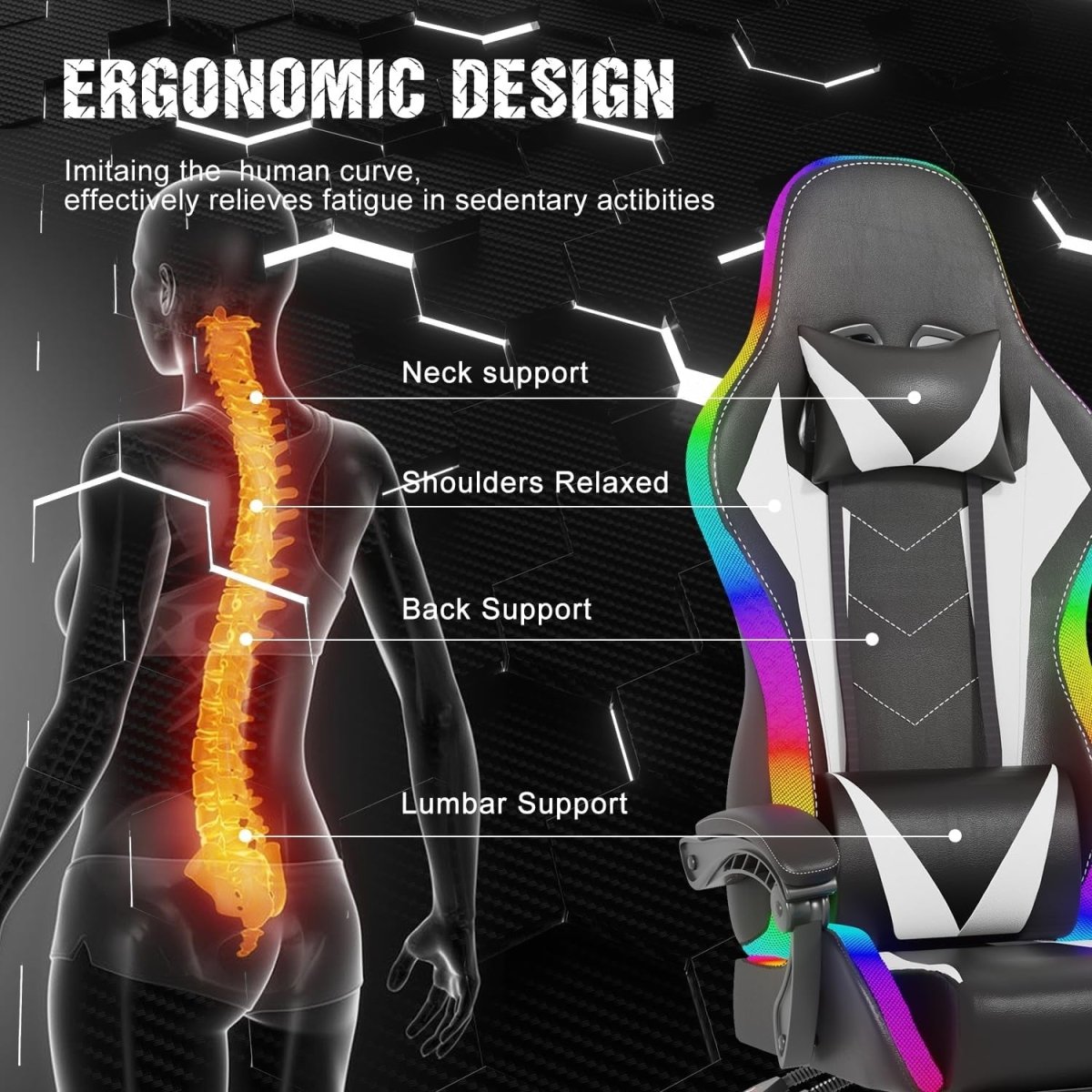 RGB LED Gaming Chair 366 Modes Recliner w/ Massage Lumbar - Kwikley
