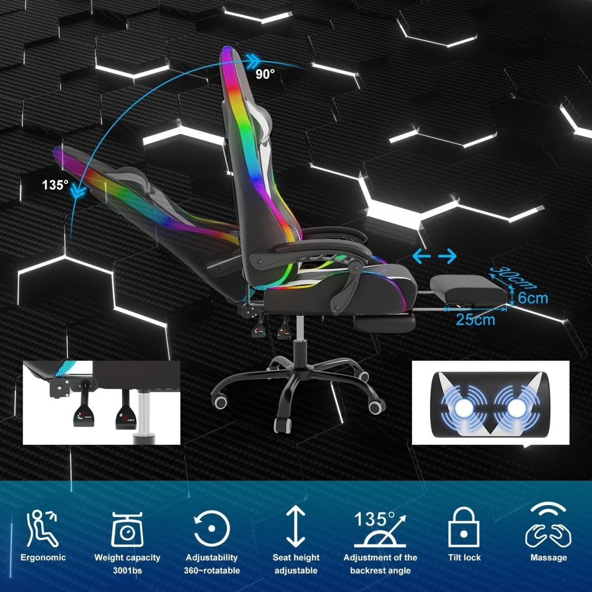 RGB LED Gaming Chair 366 Modes Recliner w/ Massage Lumbar - Kwikley