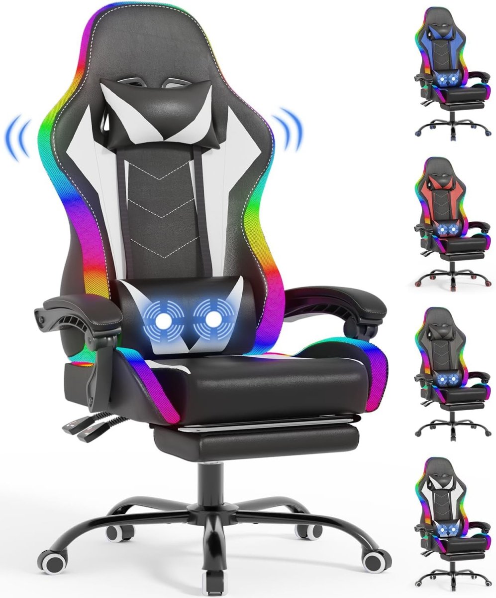 RGB LED Gaming Chair 366 Modes Recliner w/ Massage Lumbar - Kwikley
