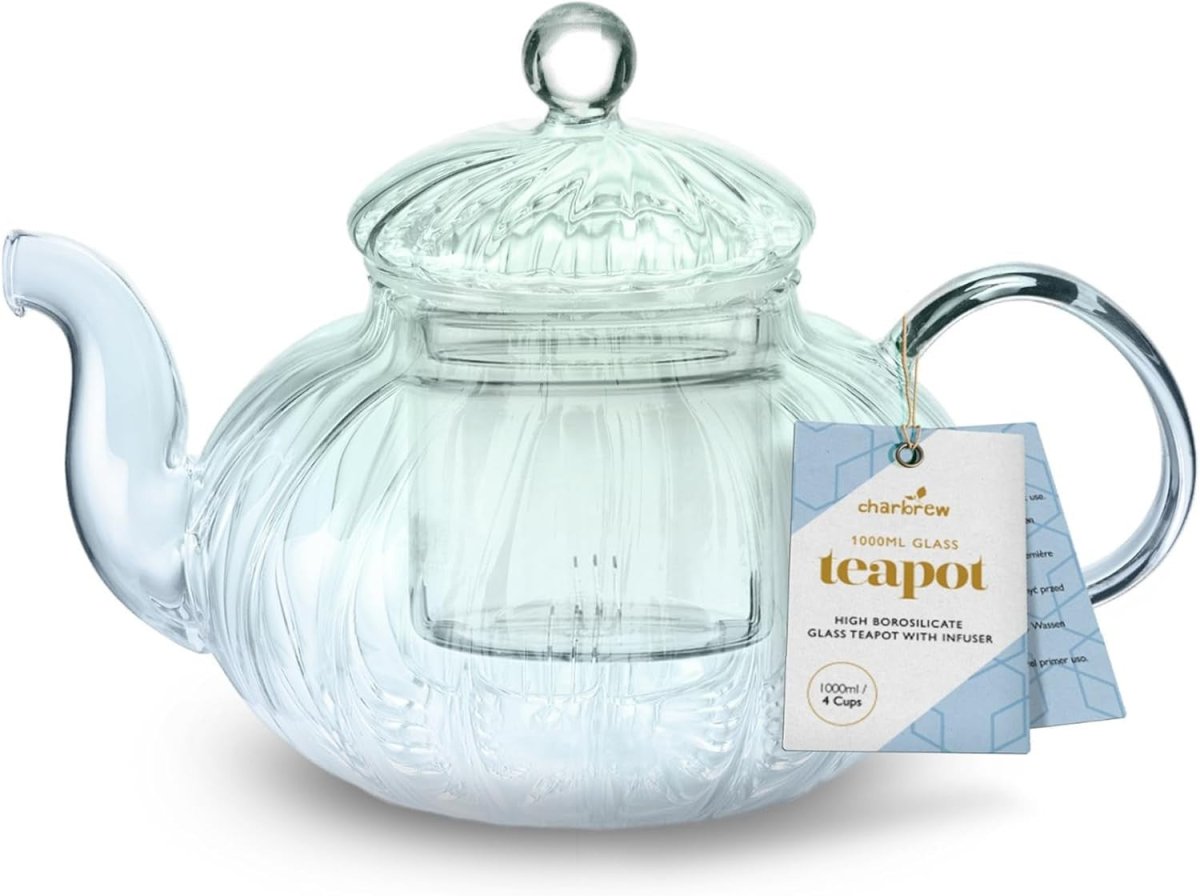 Ribbed Glass Tea Pot with Infuser 1L Blooming Loose Leaf Tea Brewer - Kwikley