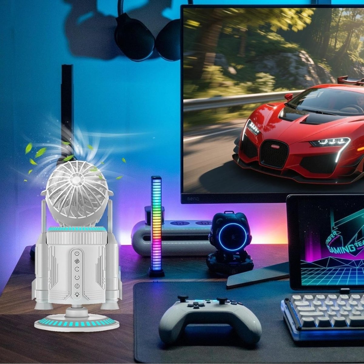 Rocket - Shape Desk Fan – Quiet 5000RPM Air Circulator LED Light Adjustable Silver - Kwikley