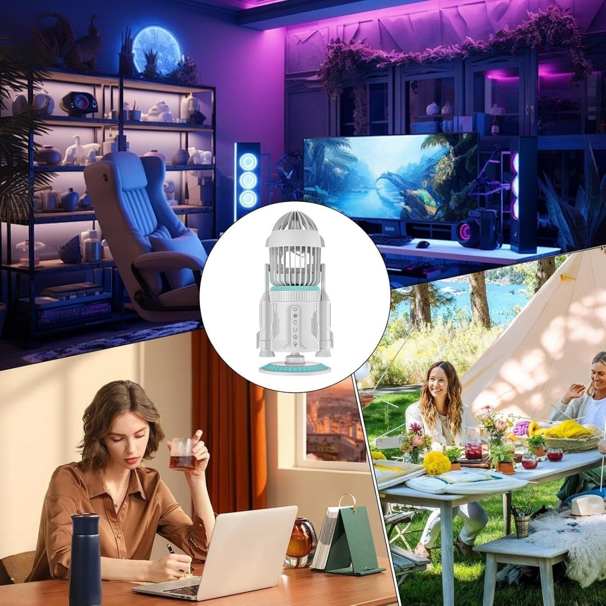 Rocket - Shape Desk Fan – Quiet 5000RPM Air Circulator LED Light Adjustable Silver - Kwikley