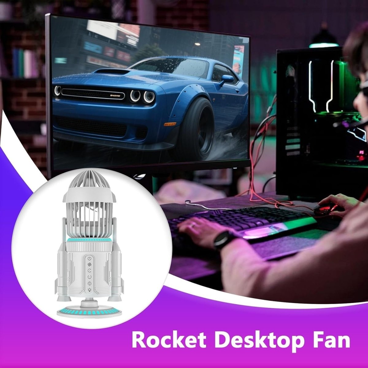 Rocket - Shape Desk Fan – Quiet 5000RPM Air Circulator LED Light Adjustable Silver - Kwikley