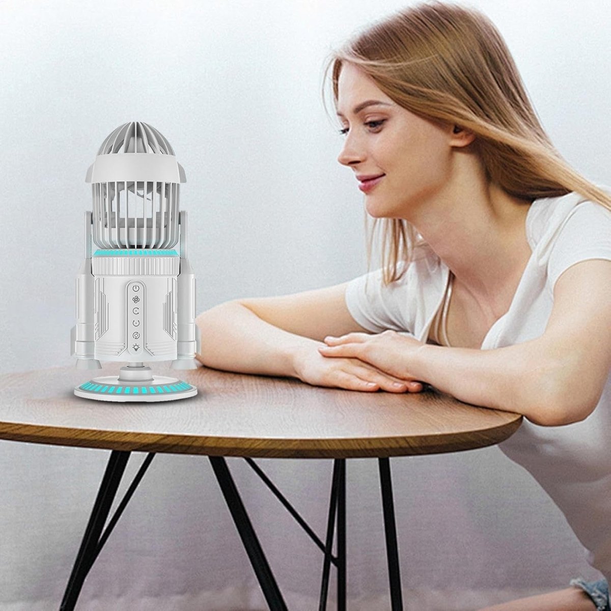 Rocket - Shape Desk Fan – Quiet 5000RPM Air Circulator LED Light Adjustable Silver - Kwikley
