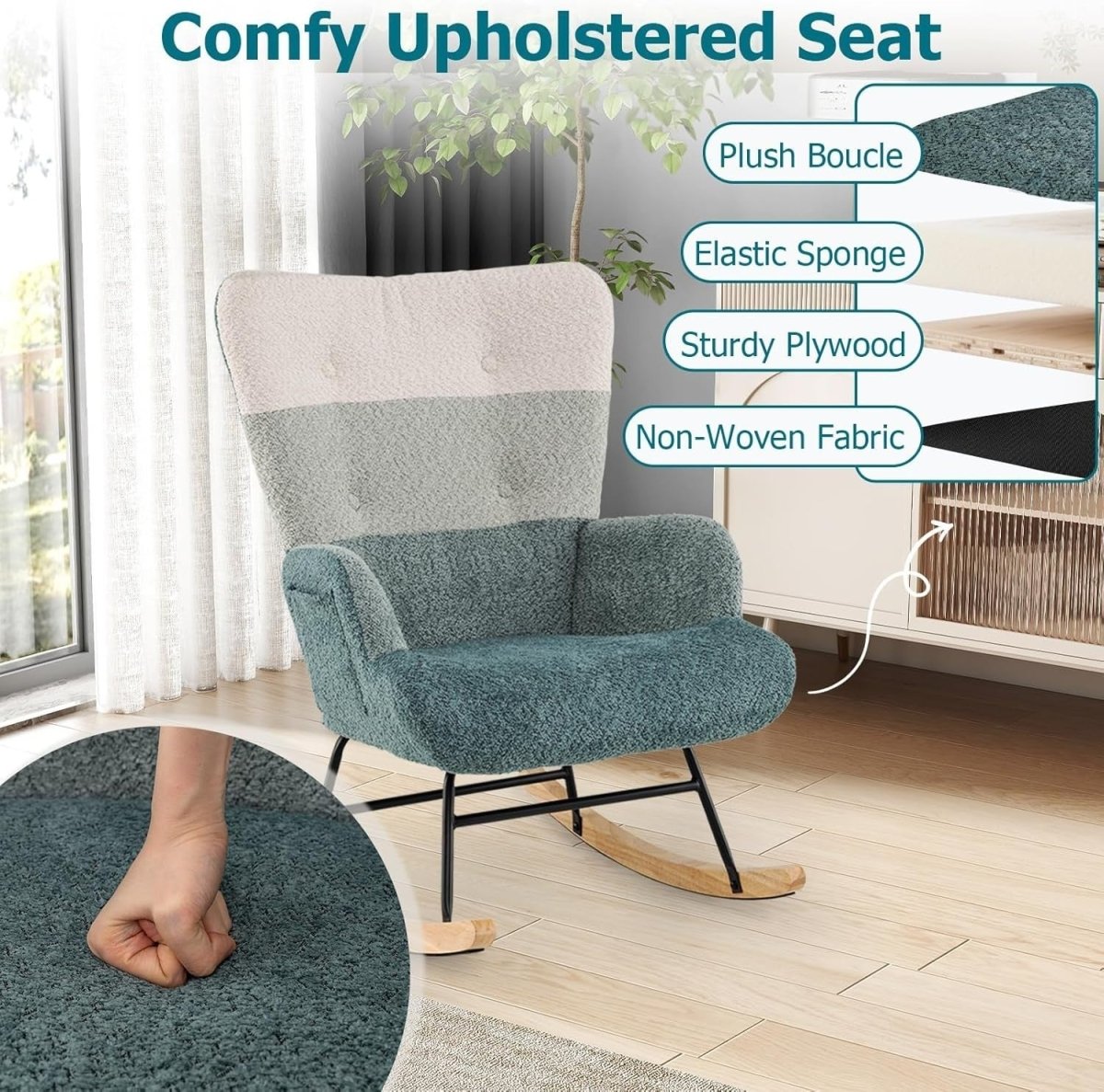 Rocking Accent Chair Boucle Fabric Armchair Tufted Wingback Nursery Seat - Kwikley