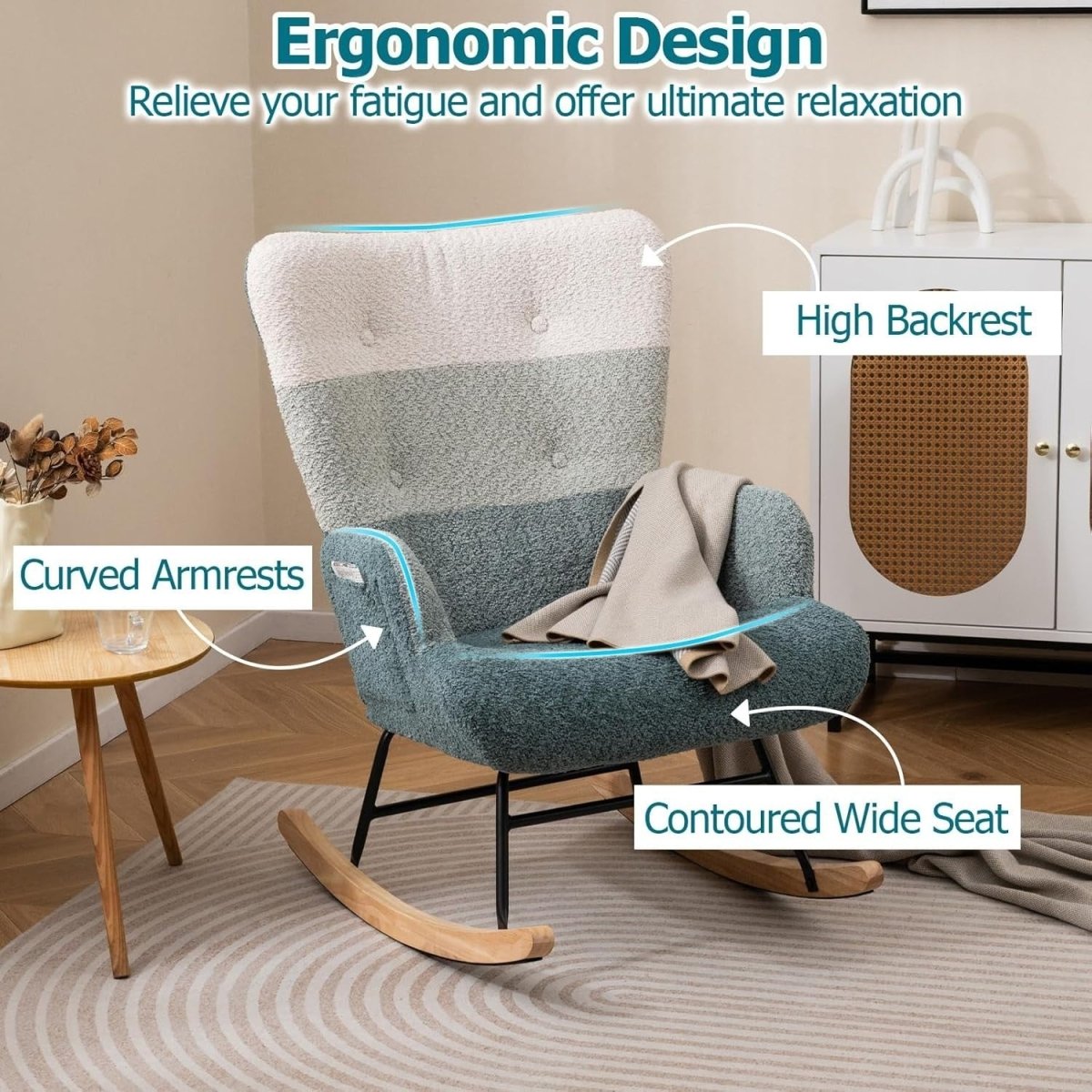 Rocking Accent Chair Boucle Fabric Armchair Tufted Wingback Nursery Seat - Kwikley