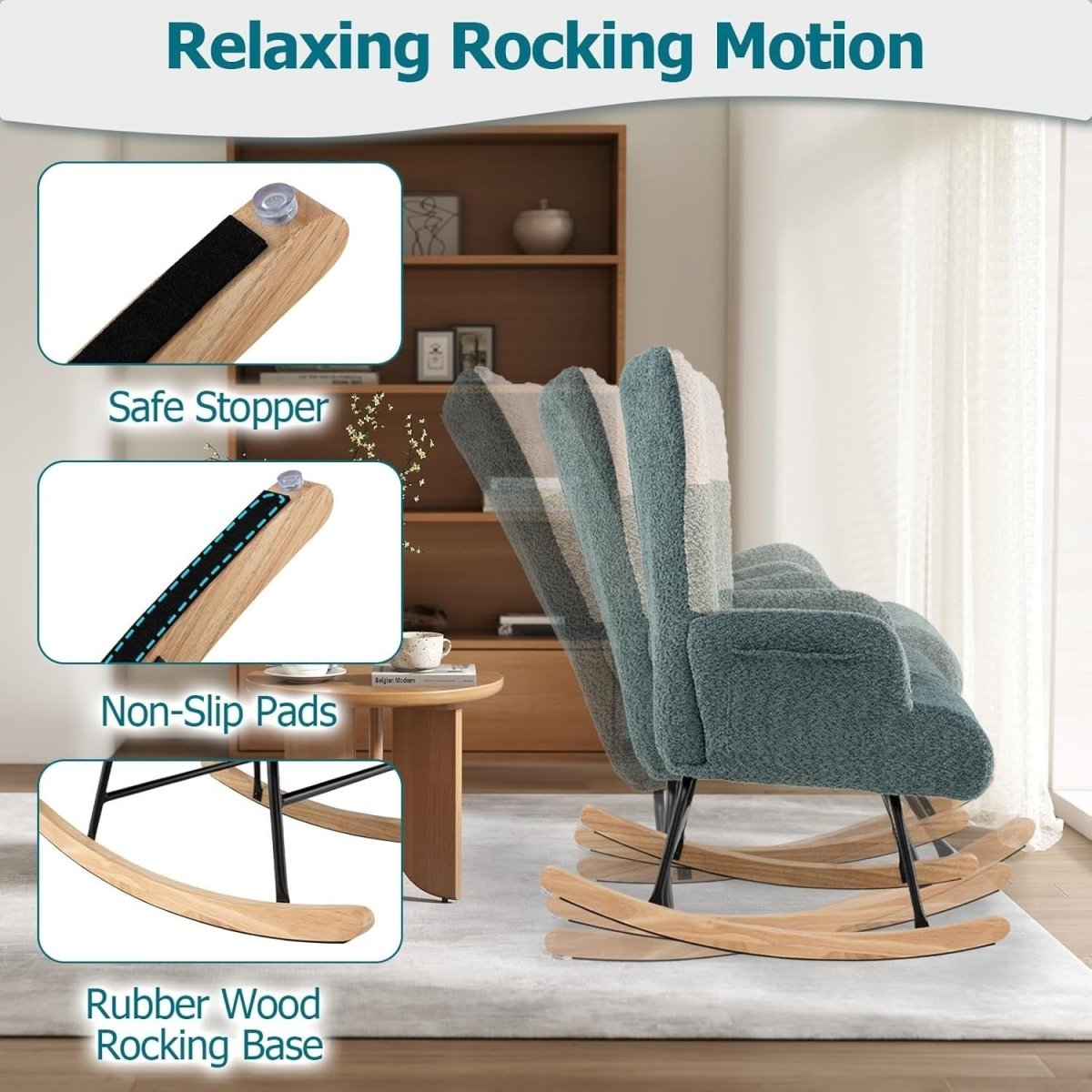 Rocking Accent Chair Boucle Fabric Armchair Tufted Wingback Nursery Seat - Kwikley