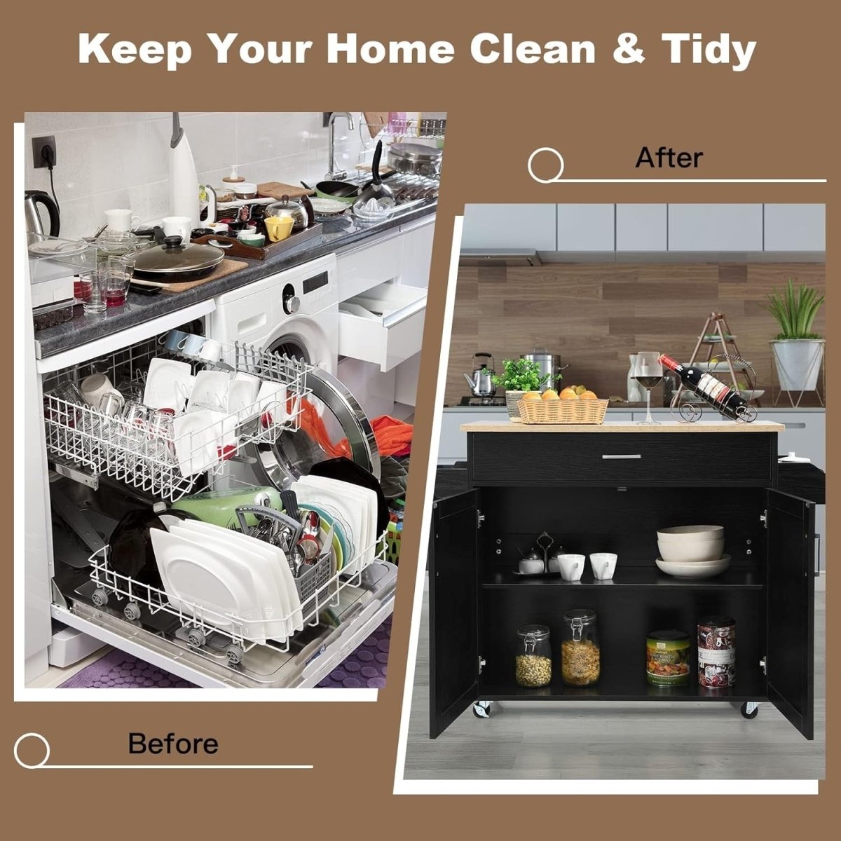 Rolling Kitchen Island Cart 116cm Storage Cabinet - Kwikley