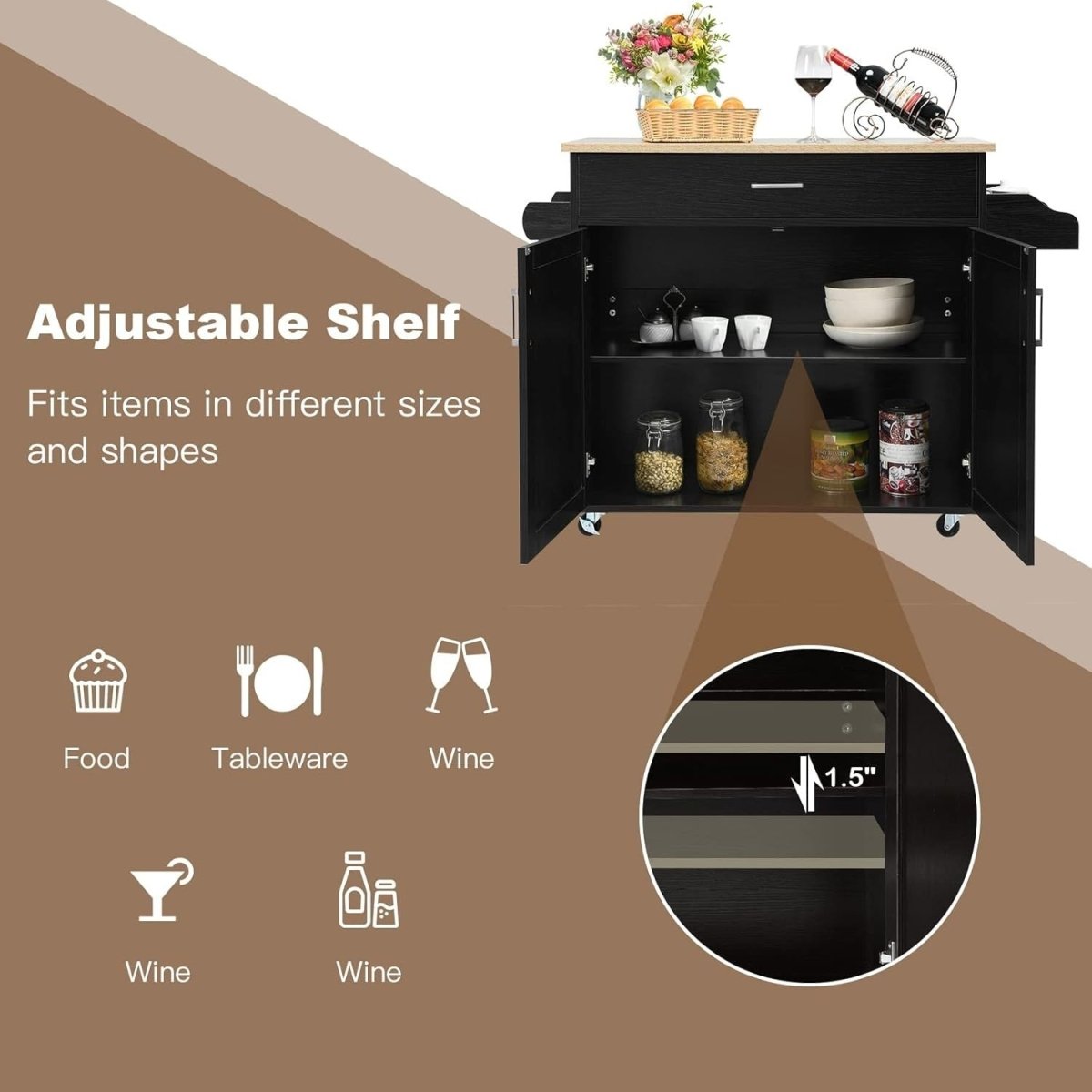Rolling Kitchen Island Cart 116cm Storage Cabinet - Kwikley