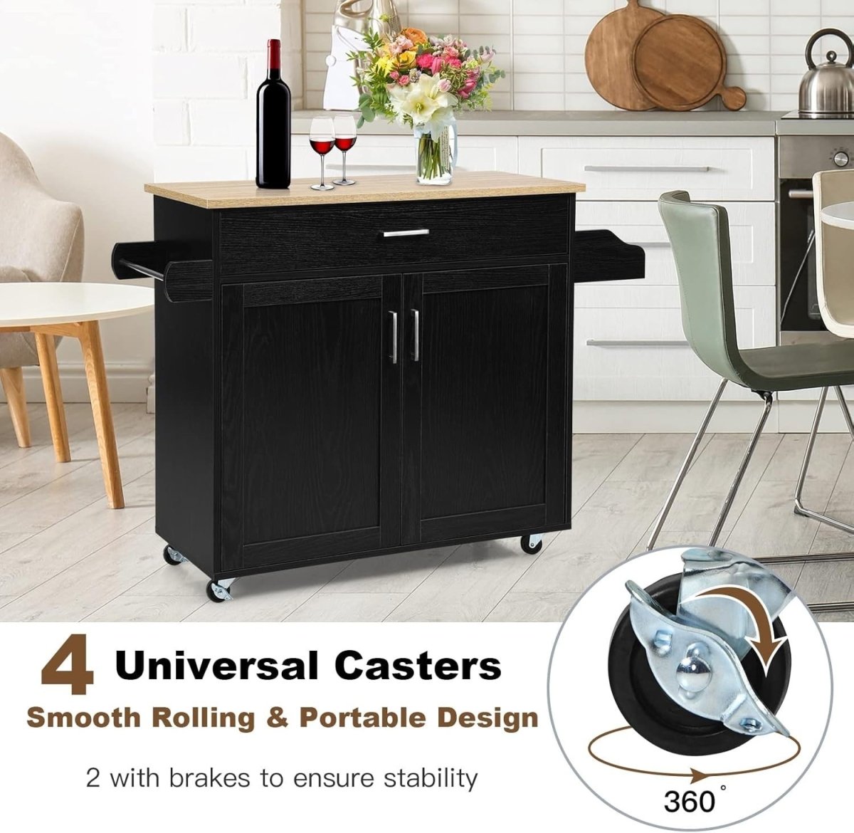 Rolling Kitchen Island Cart 116cm Storage Cabinet - Kwikley
