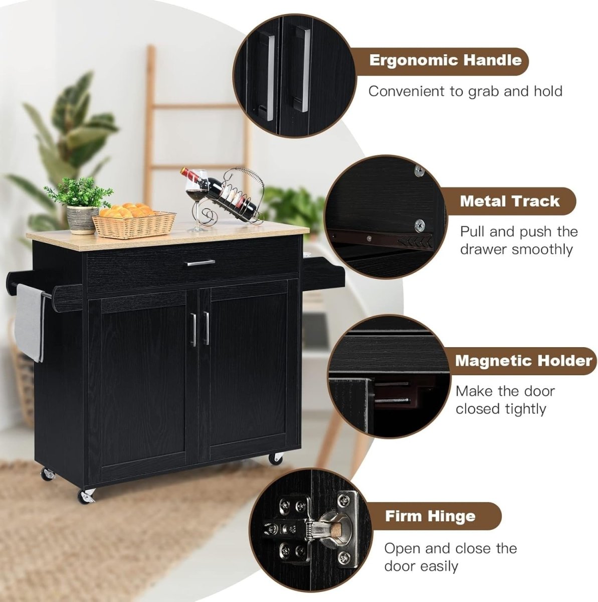 Rolling Kitchen Island Cart 116cm Storage Cabinet - Kwikley
