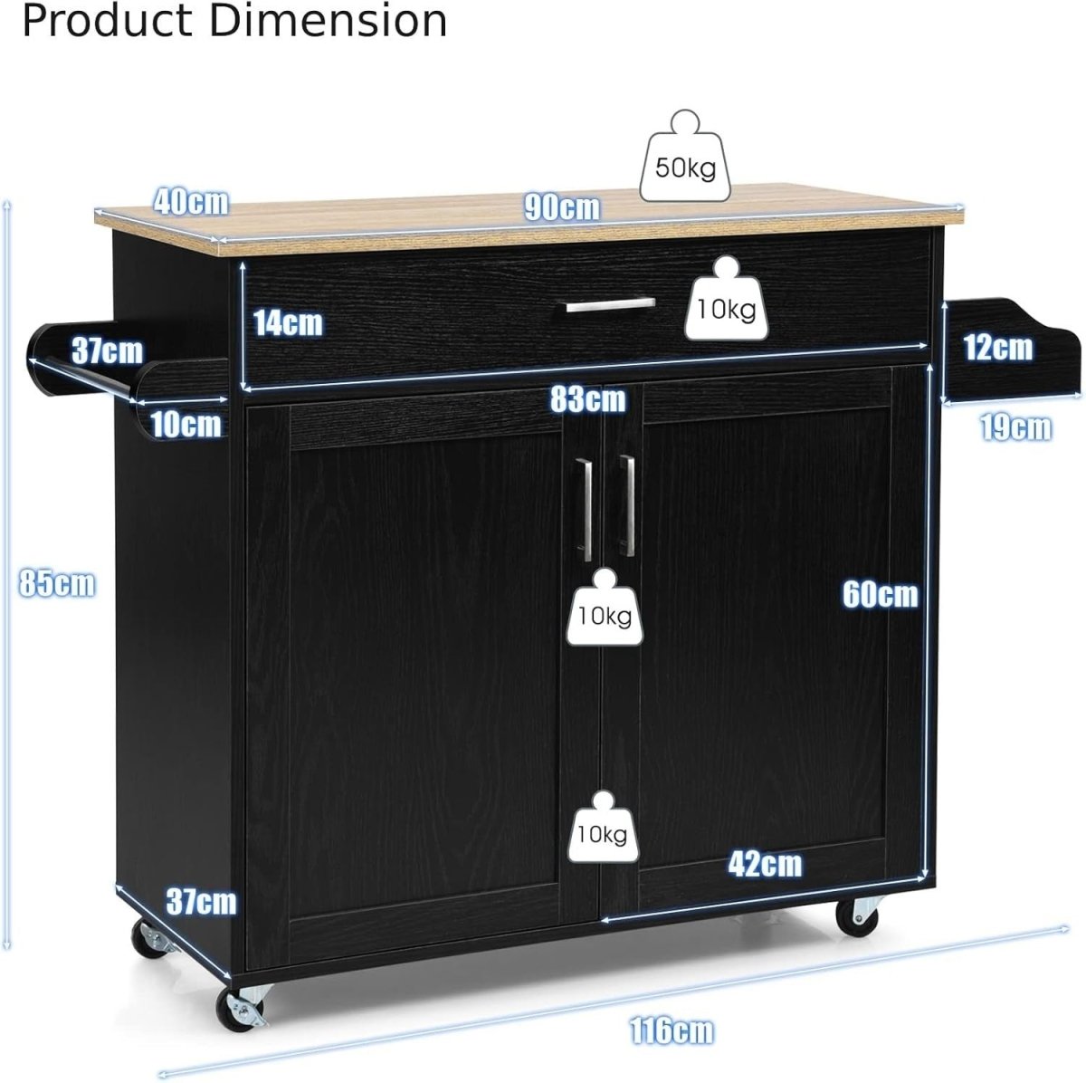 Rolling Kitchen Island Cart 116cm Storage Cabinet - Kwikley