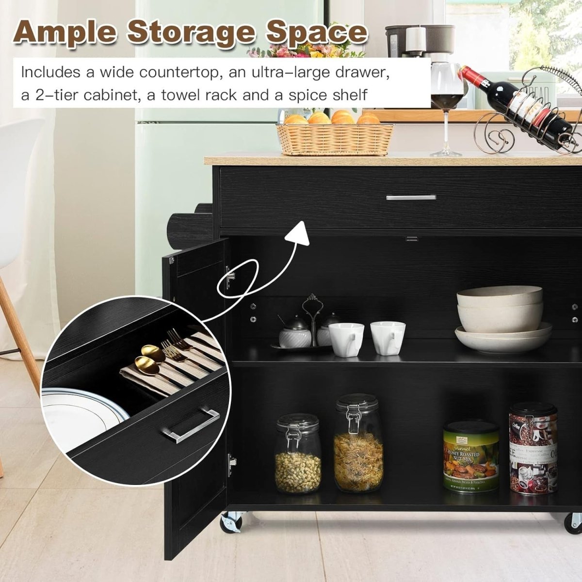 Rolling Kitchen Island Cart 116cm Storage Cabinet - Kwikley